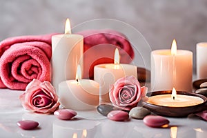 Spa concept, massage stones with towels, candles and pink roses.