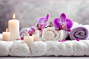 Spa concept, massage stones with towels, candles and purple orchids.