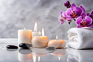 Spa concept, massage stones with towels, candles and purple orchids.