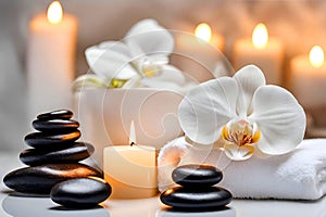 Spa concept, massage stones with towels, candles and white orchids.