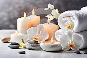 Spa concept, massage stones with towels, candles and white orchids.