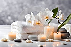 Spa concept, massage stones with towels, candles and white orchids.