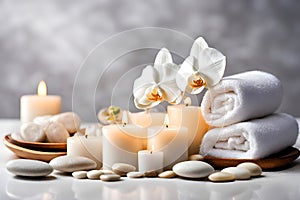 Spa concept, massage stones with towels, candles and white orchids.