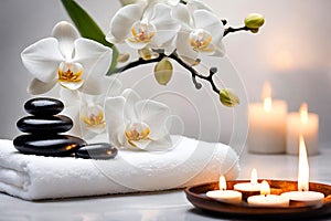 Spa concept, massage stones with towels, candles and white orchids.