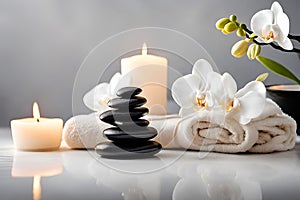 Spa concept, massage stones with towels, candles and white orchids.