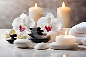 Spa concept, massage stones with towels, candles and white orchids.