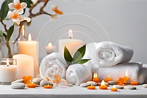 Spa concept, massage stones with towels, candles and wild flowers.