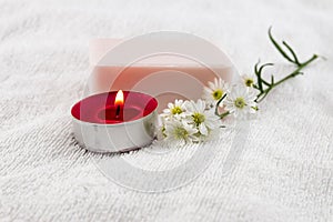 Spa concept with rose soap on white towel decorated by cutter fl