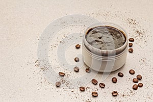 Spa concept. Self care with coffee body scrub. Natural organic cosmetics, homemade product, alternative lifestyle