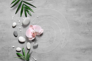 Spa concept on stone background, palm leaves, flower, zen, grey stones, top view, copy space