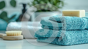 Spa concept with toiletries, soap, and towel on blurred white bathroom background for relaxation