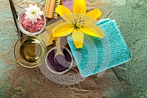 Spa Concept. Top view of beautiful Spa Products with place for t