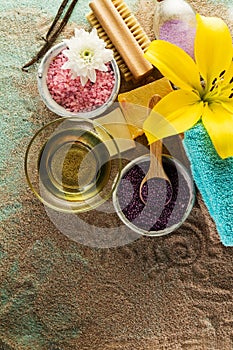 Spa Concept. Top view of beautiful Spa Products with place for t