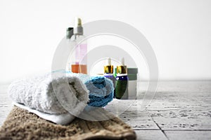 Spa concept towels oils body scrub pamper beauty wellness hygiene