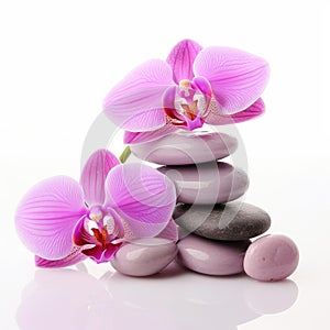 Spa concept with zen stones and orchid, isolated on white background