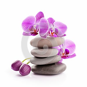 Spa concept with zen stones and orchid, isolated on white background