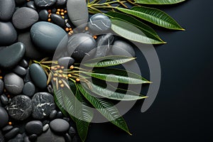 Spa concept with zen stones and tropical leaf on black background