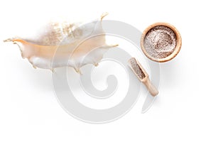 Spa cosmetic set with sea salt for bath and shell on white background top view mockup