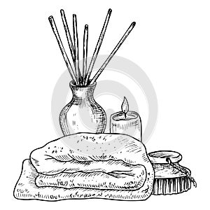 Spa cosmetic with towel and diffuser. Hand drawn vector illustration of bodycare products for massage in black and white