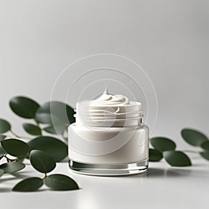 Spa cosmetics with body. Natural moisturising cream jar on green leaves as beauty flatlay