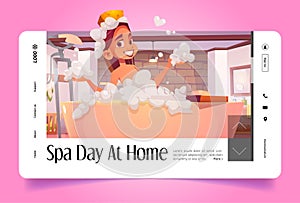 Spa day at home cartoon landing page, girl washing