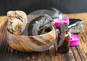 Spa. Essence Bottle, Massage Stones and Scent Candles