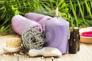 Spa. Essential Oil with Scent Candle on Wellness Background