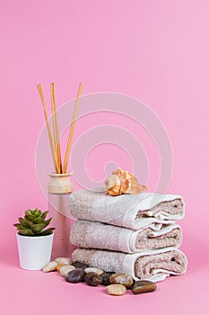Spa essentials, aroma sticks stones, towels and a plant on a pink background  Keywords language: English