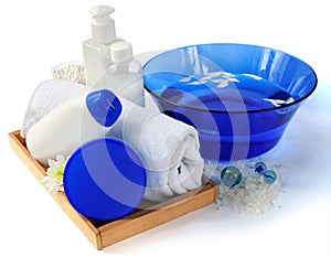 Spa essentials in blue and white color