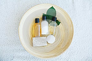 Spa essentials including natural oils, salt, soap. Organic cosmetics concept