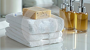 Spa essentials toiletries, soap, towel on soft bathroom spa background for a relaxing atmosphere