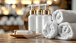 Spa essentials toiletries, soap, and towel on white bathroom background, creating a serene ambiance