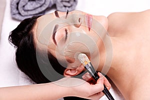 Spa facial mask application. Beautiful relaxed woman having clay face mask in the spa photo