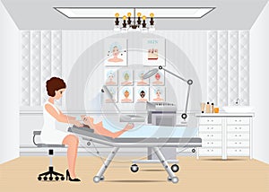 Spa facial massage treatment with ozone facial steamer on bed. photo