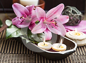 Spa Floating Burning Candles and Lilies