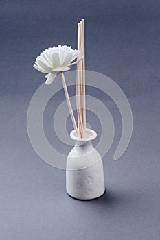 Spa flower in a white vase on grey background.