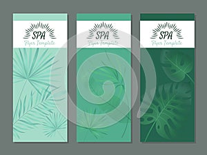 Spa flyers. Health luxury wellness products for hotel resort brochure with plants organic decor vector templates