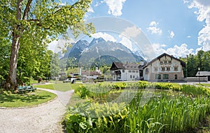 Spa garden Grainau, with view to famous church and Waxenstein mountains bavaria