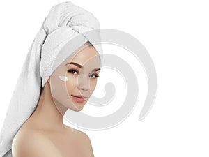 Spa Girl. Beautiful Young Woman After Bath Touching Her Face. Perfect Skin. Skincare. Young Skin