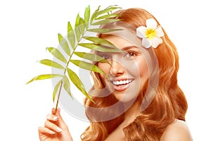 Spa girl. beauty Young Woman with Clean Fresh Skin with tropical leaves. Facial treatment