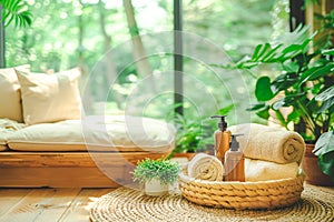 Spa healing corner with cozy daybed, eco-friendly skincare products
