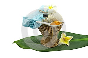 Spa herbal compressing ball , white frangipani flower on white background.