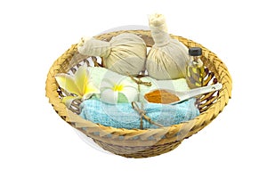 Spa herbal compressing ball , white frangipani flowers Plumeria spp , Apocynaceae flower, Pagoda tree flower, Temple tree flower