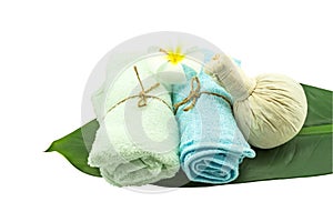 Spa herbal compressing ball , white frangipani flowers Plumeria spp , Apocynaceae flower, Pagoda tree flower, Temple tree flower