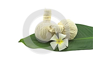 Spa herbal compressing ball and white frangipani flowers on white background.