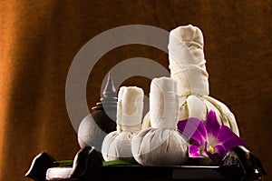 Spa herbal compressing ball with wooden casket and orchid