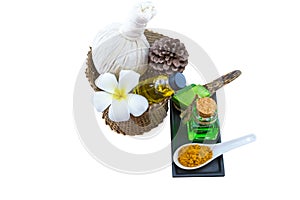 Spa herbal white frangipani flowers, pill,Aloe vera essential oil and gel,compressing ball turmeric powder isolated on white