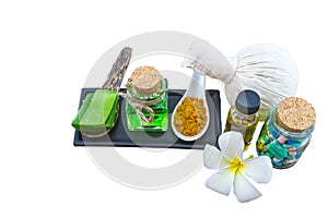 Spa herbal white frangipani flowers, pill,Aloe vera essential oil and gel,compressing ball turmeric powder isolated on white