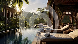 A spa hotel in the jungle. A relaxation area by the pool with lots of tropical plants. A comfortable sun lounger in the