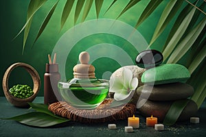 Spa items, massage, relaxation and relaxation. Stones on a green background.